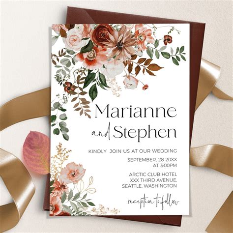 Terracotta Wedding Invitation Template Burnt Orange Flowers Printable