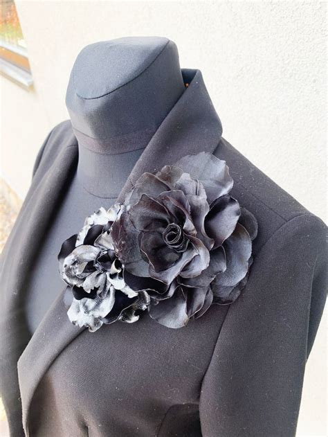 Extra Large Shoulder Corsage Fabric Flower Brooch Black Sparkle Silver