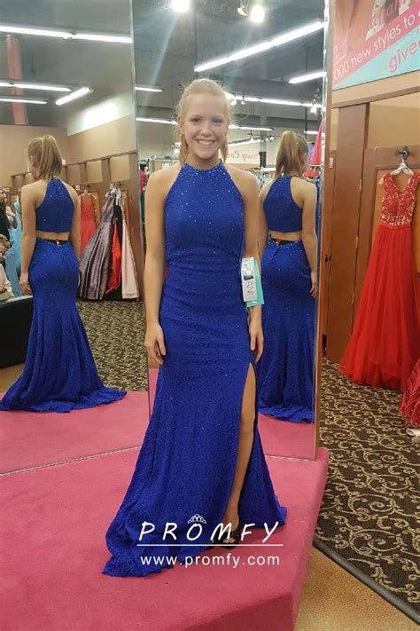 Beaded Royal Blue Crew Neck Two Piece Fit And Flare Side Split Prom