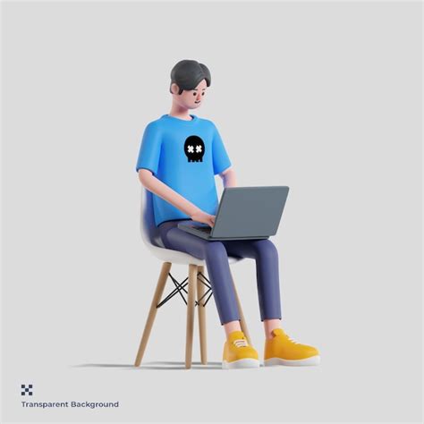 Premium Psd 3d Male Character Working On Laptop While Sitting In Chair