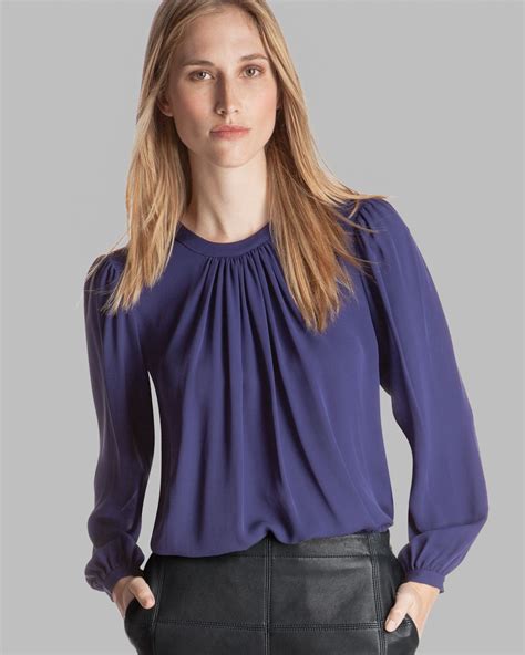 Lyst Halston Top Round Neck Pleated Silk In Blue