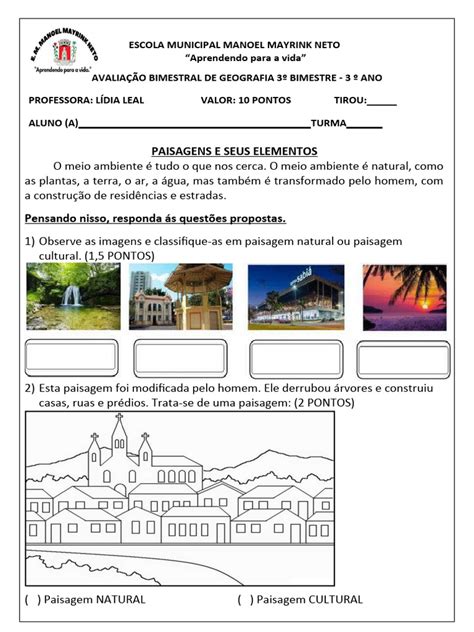 Avaliação De Geografia 3 Ano Paisagens - Avaliação de Geografia: Paisagens 3º Ano | PDF