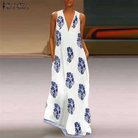 Zanzea 2019 Summer Bohemian Printed Maxi Long Dress Women Sexy V Neck Beach Vestido Female