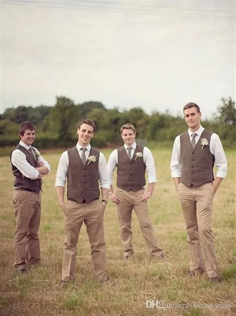 Country Brown Groom Vests For Wedding Wool Herringbone Tweed