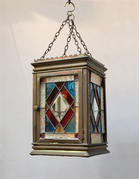 Victorian Four Sided Stained Glass Lantern In Brass Frame Denton Antiques