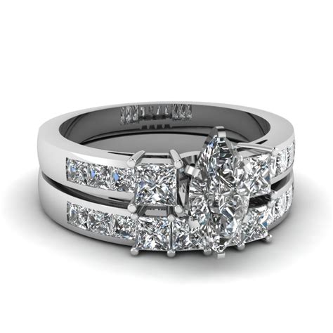 Marquise Shaped Diamond Wedding Ring Sets With White Diamond In 14k