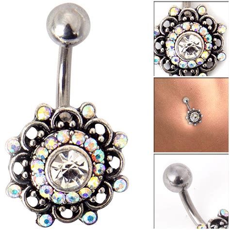 Vintage Flower Navel Piercing Crystal Belly Button Rings Summer Body