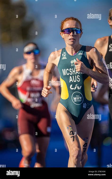 Charlotte Mcshane Running In Pontevedra In The 2023 World Triathlon Championship Series Stock