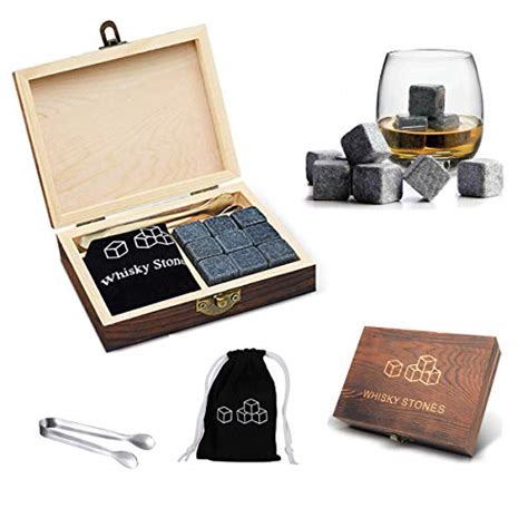 Whiskey Stones Gift Set Wooden Box 9 Granite Chilling Stones And