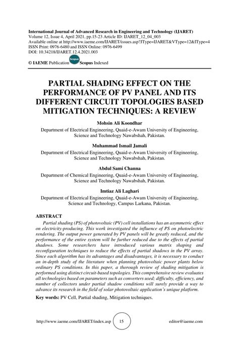 PDF PARTIAL SHADING EFFECT ON THE PERFORMANCE OF PV PANEL AND ITS