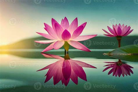 Two Pink Lotus Flowers Are Reflected In The Water Ai Generated