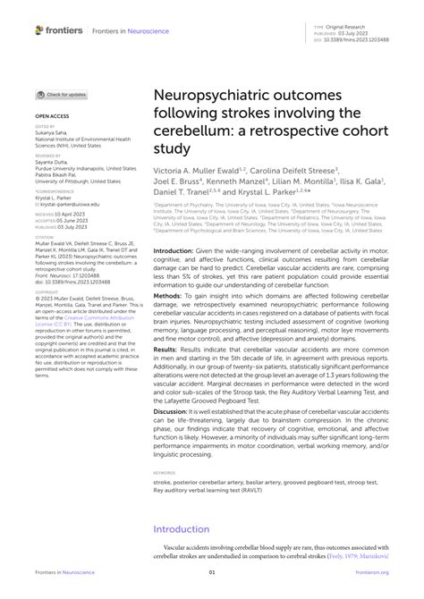 Pdf Neuropsychiatric Outcomes Following Strokes Involving The