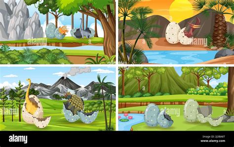 Scene With Dinosaurs In The Forest Illustration Stock Vector Image