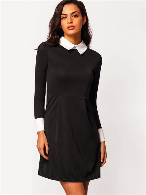 Peterpan Contrast Collar Zipper Suiting Colorblock Back Shirt Dress