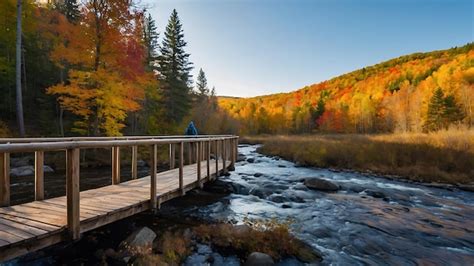 Premium Photo Wooden Bridge Over A Mountain River In The Autumn