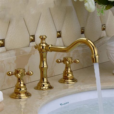 Luxury Gold Art Deck Mounted Three Holes Double Handles Widespread Bathroom Sink Faucet Golden