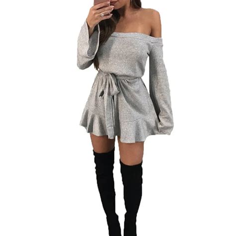 Sexy Off The Shoulder Knitting Sweater Dress Women Elegant Ruffle Sash Short Dress A Line Casual