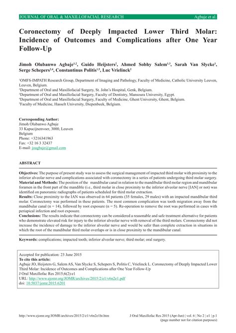 (PDF) Coronectomy of Deeply Impacted Lower Third Molar: Incidence of Outcomes and Complications ...