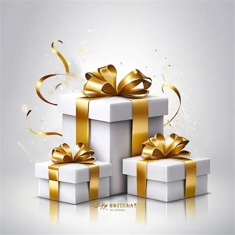 A Stack Of White Gift Boxes With Gold Ribbon And A Gold Bow Premium