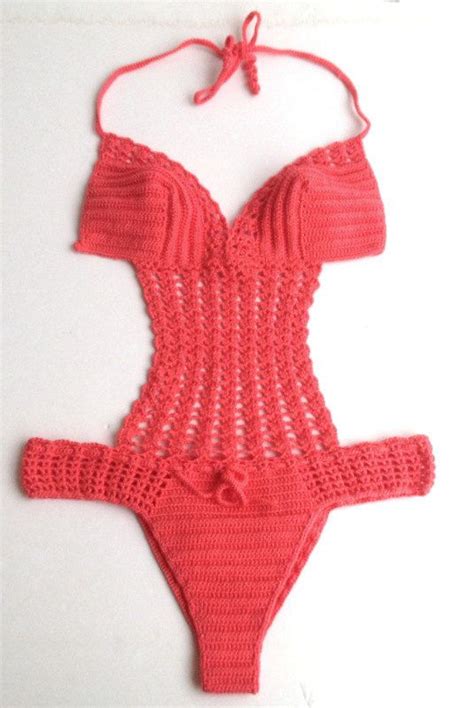 Express Shipping Coral Red Monokini Crochet One Piece Swimsuit Motif Bikini Crochet Crochet