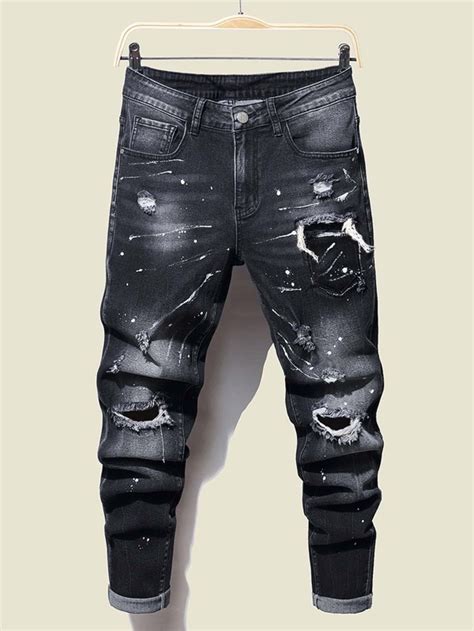 Manfinity Legnd Men Cotton Splash Ink Print Ripped Frayed Jeans Shein Uk