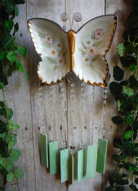 Butterfly Dish Up Cycled Into Wind Chime With Stained Glass Etsy