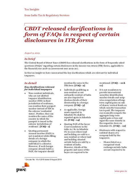 Fillable Online CBDT Released Clarifications In Form Of FAQs In Respect