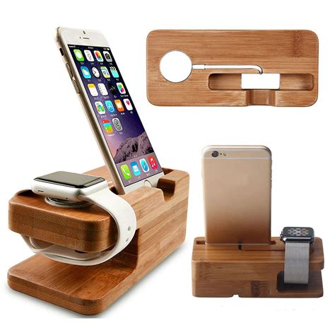 2019 Natural Bamboo Phone Holder For Apple Watch 2 Charger Station Dock 2 In 1 Phone Stand For