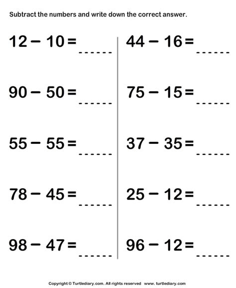 Subtracting Two Digit Numbers Worksheets