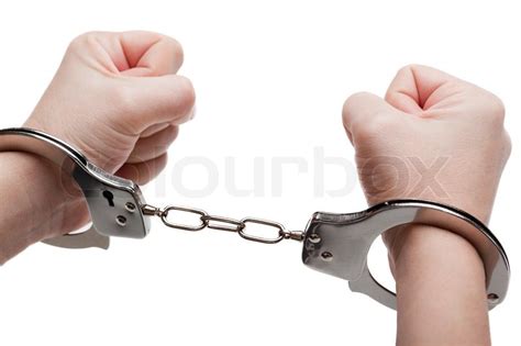 Police Law Steel Handcuffs Arrest Crime Human Hand Stock Photo