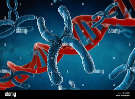 D Rendering Blue Chromosome With Dna Helix On Blue Background Stock