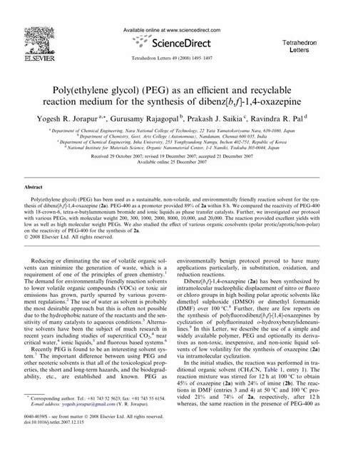 Pdf Poly Ethylene Glycol Peg As An Efficient And Recyclable