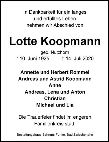 Traueranzeigen Von Lotte Koopmann Nordwest Trauer De