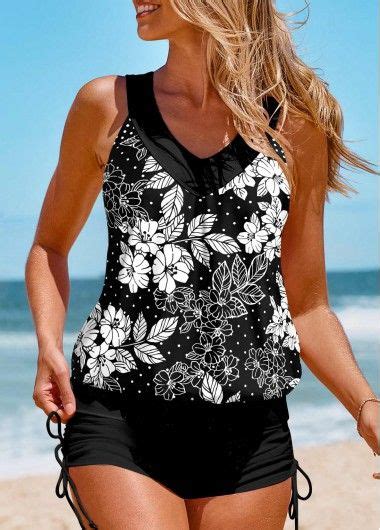 Patchwork Floral Print Black Tankini Top Usd 29 98