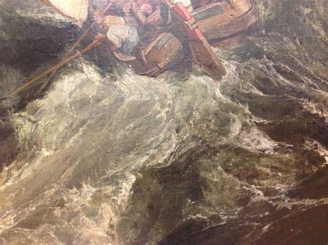 a painting of a man in a boat on rough water with another man standing ...