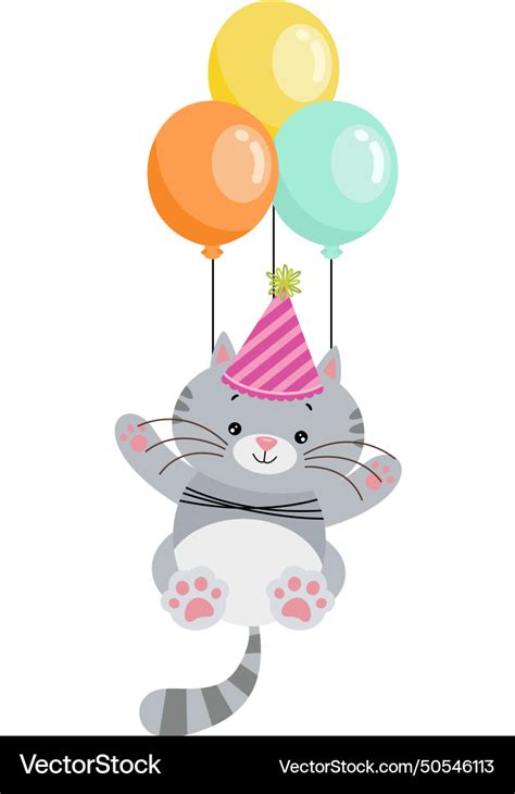 Cute Cat Flying With Balloons Royalty Free Vector Image