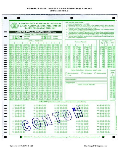 Contoh Lembar Jawaban Ujian Nasional Ljun 2011 Smp Mts Smplb Contoh Lembar Jawab Ujian