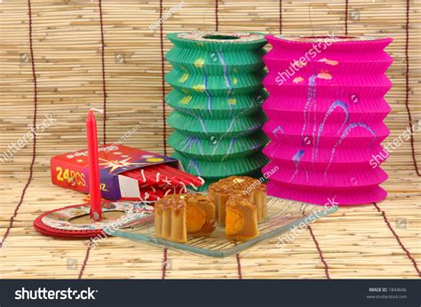 Midautumn Festival Mooncake Chinese Lanterns Candles Stock Photo