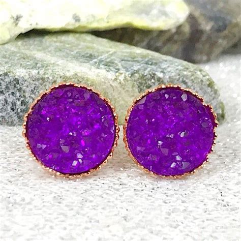 Violet Purple Druzy Stud Earrings For Women Unique Purple Etsy