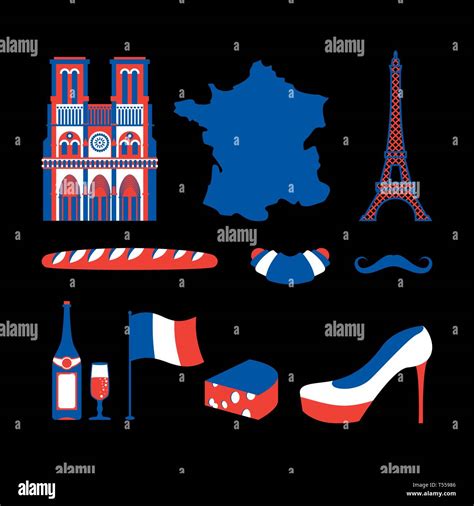 France Icon Set National French Sign Eiffel Tower And Notre Dame De Paris Baguette And Wine