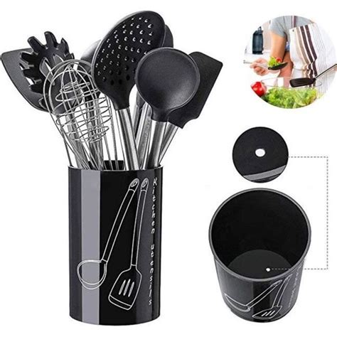 Leegoal Pcs Silicone Ustensiles De Cuisine En Acier Inoxydable Noir Et