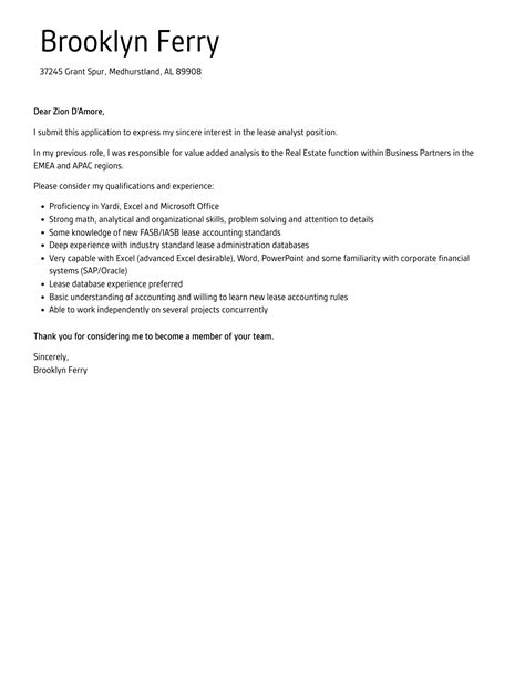 Lease Analyst Cover Letter Velvet Jobs