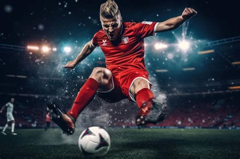 Man Kicking Soccer Ball On Field Premium Ai Generated Image