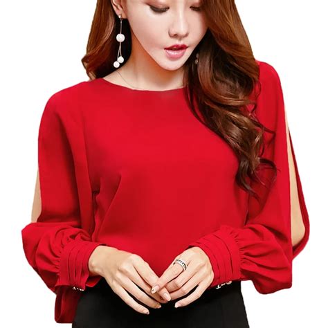 Elegant Office Ladies Blouses Women Tops Lantern Sleeve Red Shirts