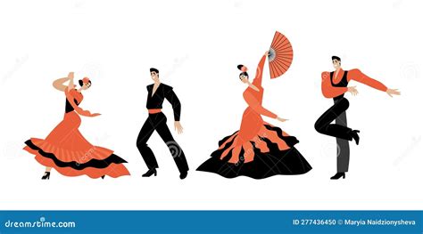 Flamenco Collection Set Of Vector Illustrations Of Men And Women Dancing Traditional Spanish