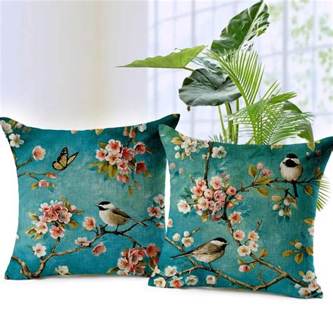 Housses de coussin décoratives de paysage de fleurs et d oiseaux taie