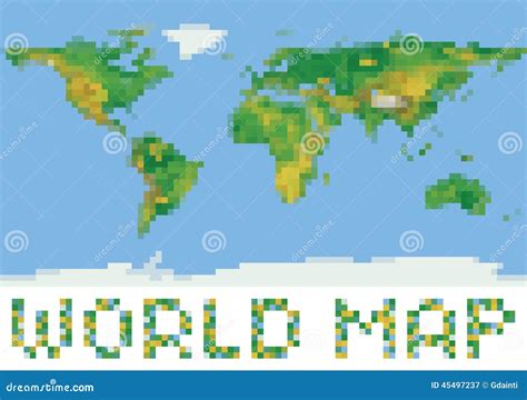 Pixel Art Style World Physical Map With Green And Stock Vector