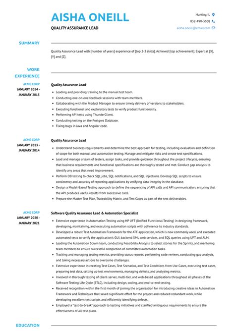 Quality Assurance Lead Resume Examples And Templates