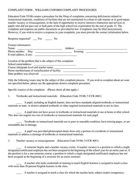 Fillable Online Southbayschool COMPLAINT FORM WILLIAMS UNIFORM