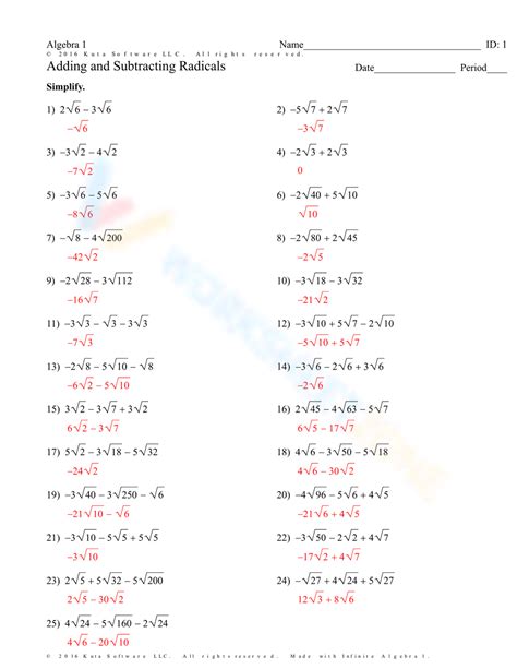 Grade Adding And Subtracting Radicals Worksheets Worksheets